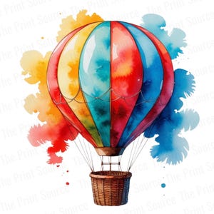 Watercolor Hot Air Balloon Clipart PNG, Adventure Travel Digital Art, Kids Room Decor, Bright Balloon Illustration, Printable Artwork
