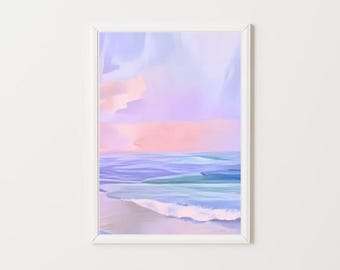 Pastel Ocean Sunset Painting | Pink Coastal Printable Seascape | Girly Beach House Wall Art Print | Kid's Room Summer Shore Digital Download