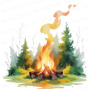 May include: A watercolour painting of a campfire in a forest. The flames are orange and yellow, and the logs are brown. The trees are green and the ground is green and brown.
