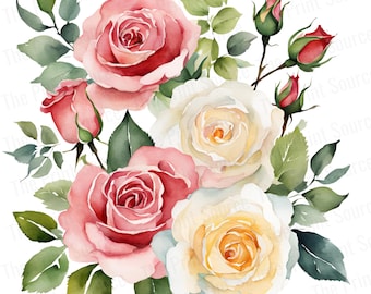 Watercolor Rose Bouquet Clipart, Romantic Floral PNG, Digital Flowers for Weddings, Invitations, Home Decor, DIY Scrapbooking Crafts