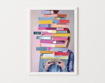Dziewczyna trzymająca książki Malowanie | Kącik do czytania Wydruk artystyczny | Kolorowy pokój dziecięcy do wydrukowania | Biblioteka cyfrowa do pobrania I Portret akwarelowy pastelowy