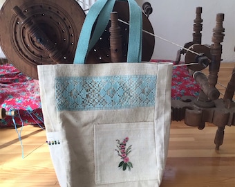 Sacola de linho ecológica com alças azuis, bordado boho/floral - bolsa de ombro, sacola de compras artesanal I bolsas de ombro de verão