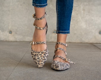 Ballet de cuero de leopardo, hecho a mano, premium, zapatos de mujer