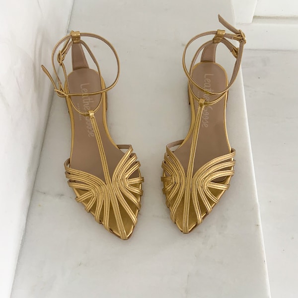 Hochzeits-Ballerina aus goldfarbenem Leder, handgefertigt, Premium, Damenschuhe