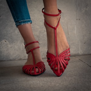 Ballerines en cuir rouge, fabrication artisanale, haut de gamme, chaussures femme