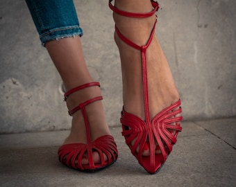 Ballerines en cuir rouge, fabrication artisanale, haut de gamme, chaussures femme