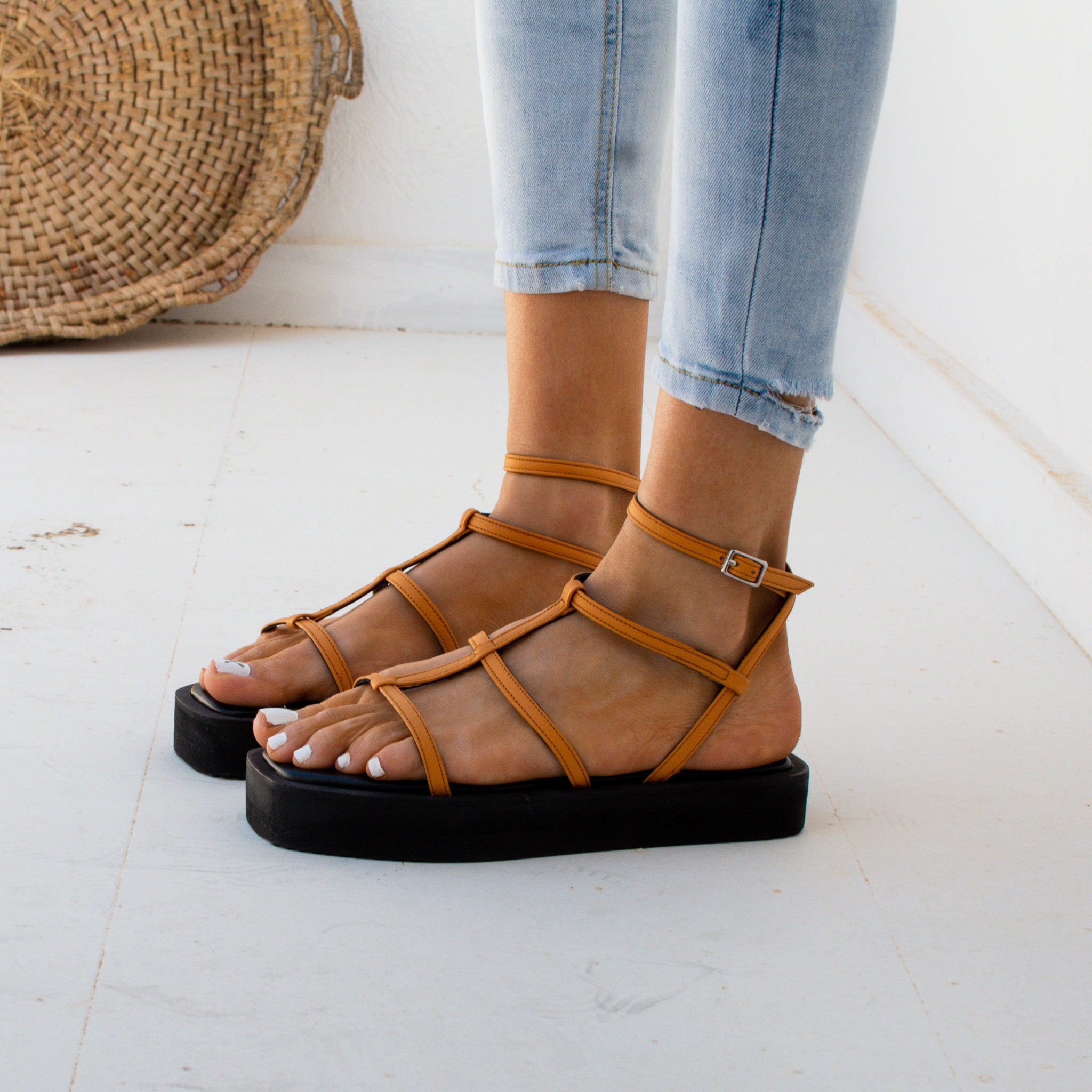 tan gladiator block heels