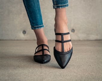 Ballet plat en cuir noir, fabriqué à la main, Premium, chaussures pour femmes