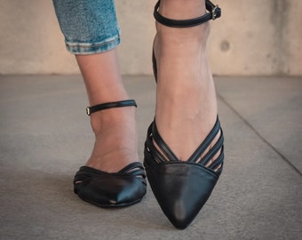 Schwarzes Leder Ballett flach, Handarbeit, Premium, Frauen Schuhe
