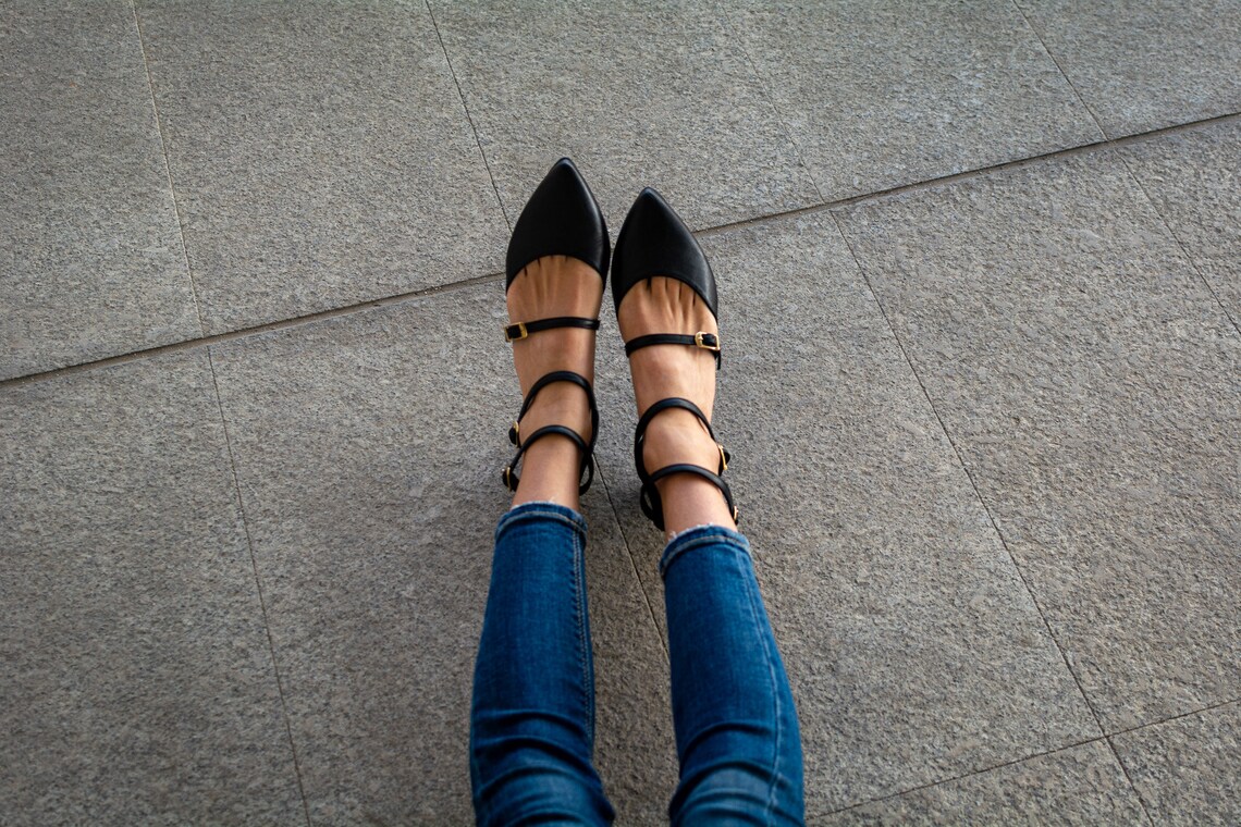 BALLET FLAT SHOES BLACK LAMBSKIN WITH UNIQUE BLACK STRAPS