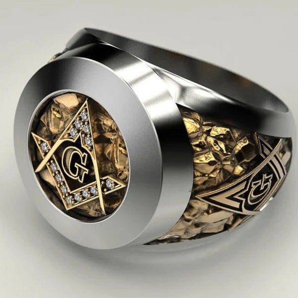Men's Sterling Silver Freemason Ring - Square & Compass Symbol With Letter G, Masonic Jewelry