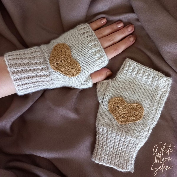 heart knit gloves, hand wear, fingerless gloves for winter, heart gloves for gift