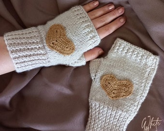 heart knit gloves, hand wear, fingerless gloves for winter, heart gloves for gift