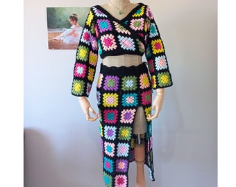 Granny Square Crochet Outfit, Colorful Festival Skirt, Boho Set