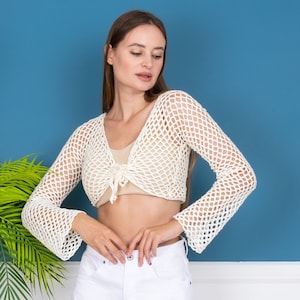 Crochet cardigan, 70's inspired tie front bell-bottom cardigan cover up crochet Crochet mesh cardigan, Long sleeve crochet cardigan bolero