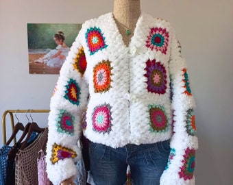 Crochet chunky cardigan, crohcet soft patchwork cardigan, Granny square cardigan, soft sweather, Crochet sweather, Crochet colorul cardiigan