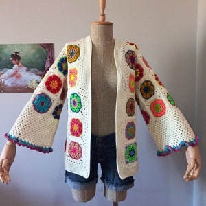 Crochet Cardigan, Patchwork Cardigan, Afghan Cardigan, Vintage Crochet Cardigan, Colorful Women Cardigan, Crochet Granny Square Cardigan