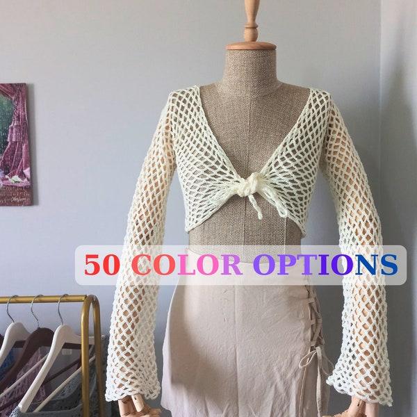 Cardigan au crochet, cardigan à nouer sur le devant inspiré des années 70, couvrez-vous Cardigan en maille au crochet, boléro cardigan au crochet à manches longues