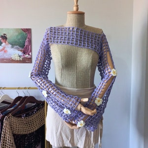 Y2k Crochet Knitted Crop Top Hollow Out Fishnet Jumper Smock Top 2000s Streetwear Aesthetic Harajuku, Fairy crochet top, Floral daisy top