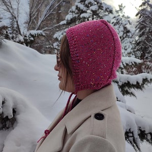 Crochet Bonnet, Christmas Bonnet, Crochet Vintage Bonnet, Shinning Bonnet, HandKnit Adult Hat, Hand-knitted Adult Bow Tie Bonnet, Balaclava