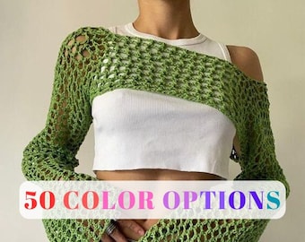 Y2k Crochet Knitted Crop Top Hollow Out Fishnet Jumper Smock Top 2000s Streetwear Aesthetic Harajuku, crochet bolero shrug