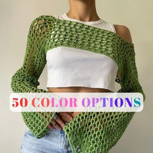 Womens Knitted Crop Top Short Sleeve Crochet Hollow Out Square