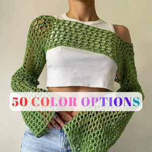 Y2k Crochet Knitted Crop Top Hollow Out Fishnet Jumper Smock Top 2000s Streetwear Aesthetic Harajuku, crochet bolero shrug