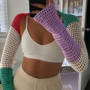 Crochet Fishnet Crop, Handmade Fishnet Bolero, Crochet Long Sleeve Top, Handmade Colorful Top, Crochet Summer Top, Handmade Black Top