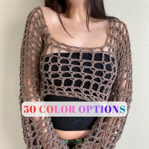 Crochet Fishnet Sleeves Crop Top, Y2k Knitted Crop Top, Long