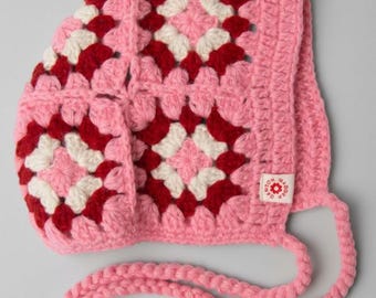 Handmade Crochet Tie Bonnet, Pink & Red Balaclava