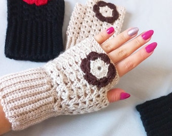 Flower Gloves, Handwear, Crochet gloves, Fingerless gloves, Flower knit gloves, Gloves for winter, Flower gloves for gift, Gift for her