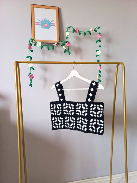 Handmade Crochet Granny Square Crop Top, Black and White Motif Blouse