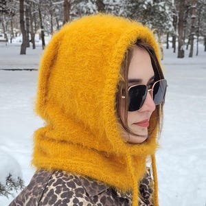 HandKnit Balaclava, Hooded Balaclava, Mustard Balaclava, Handmade Hood, Women-Men Balaclava, Soft Furry Hood Balaclava, Knit Ski Winter Hat