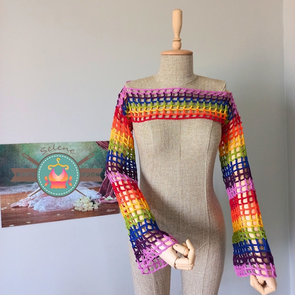 Y2k Crochet Pride Shrug, Rainbow Hollow Out Fishnet Jumper Smock Top, Rainbow crochet top, Pride bolero shrug, Rainbow Top, Pride Rainbow