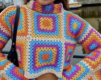 Crochet Sweather, Colorful Sweather, Crochet Crop top, Handmade Granny Square Pullover, Crochet Patchwork Sweater, Crochet Long Sleeve Top