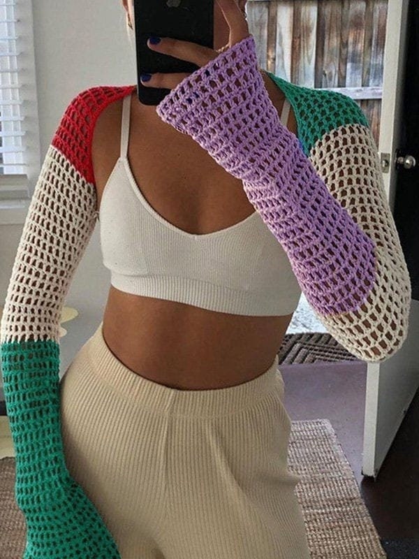 Y2K Crochet Bolero Shrug Arm Sleeve Knitted Crop Top Hollow Out