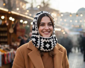 Crochet Granny Square Balaclava, Black & White Knit Ski Mask