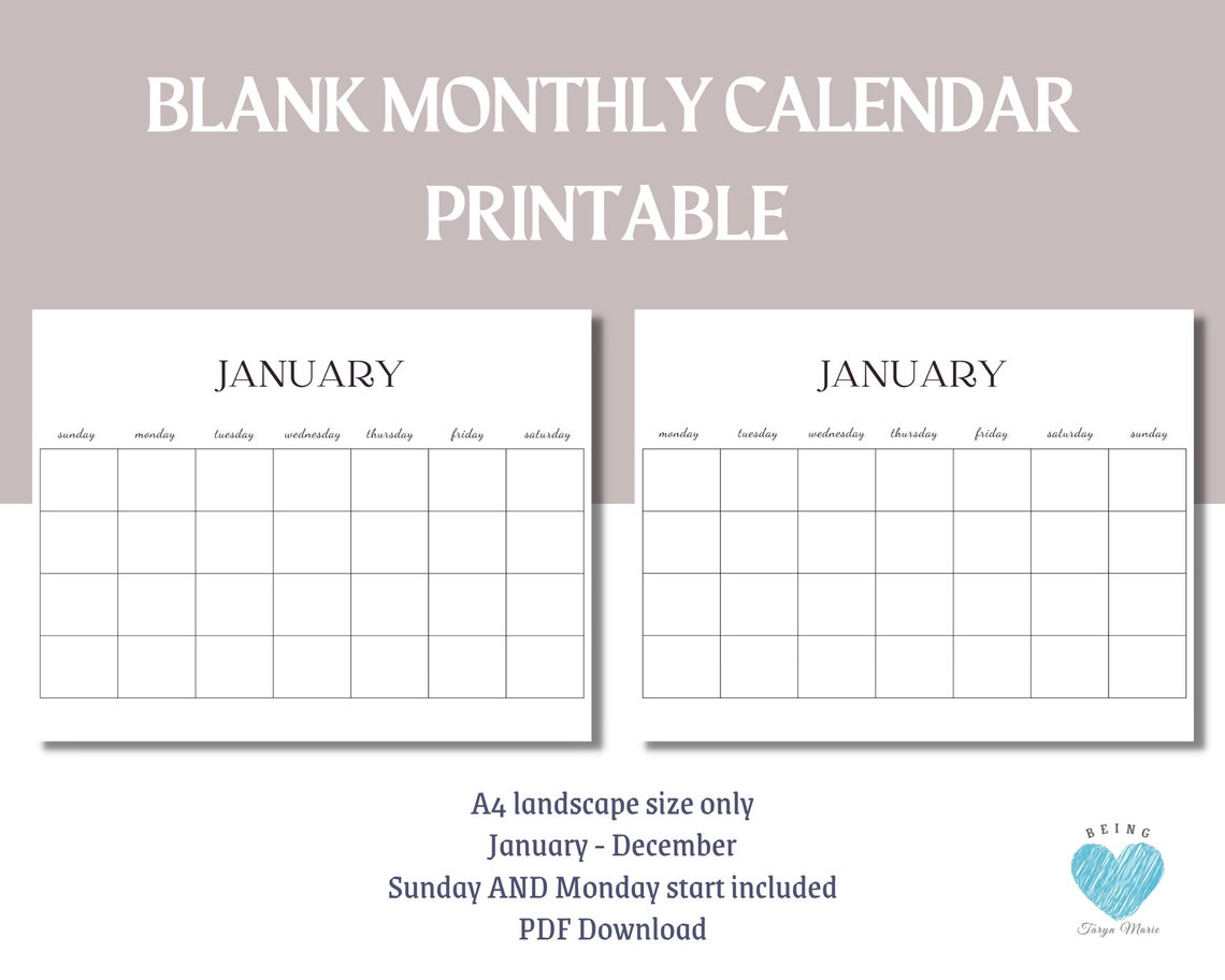 Blank Monthly Calendar Printable PDF Blank Calendar Monday - Etsy