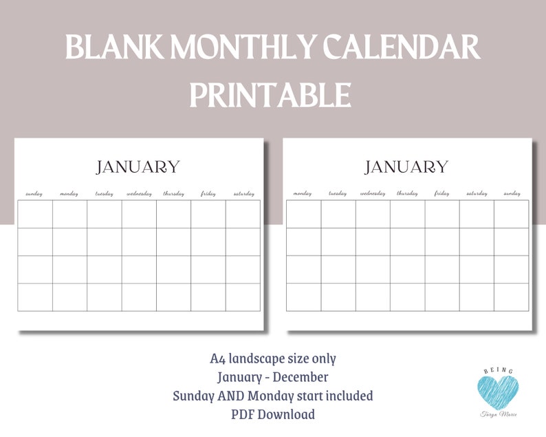 Blank Monthly Calendar Printable PDF Blank Calendar Monday - Etsy