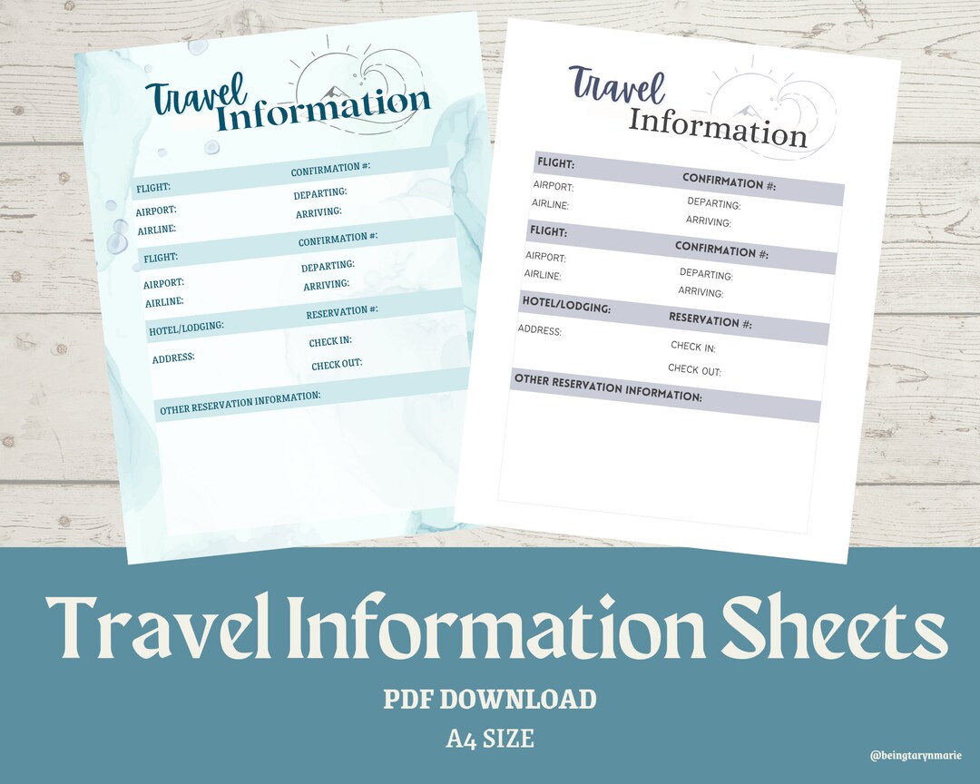 Travel Information Sheets Printable Travel Info Trackers - Etsy