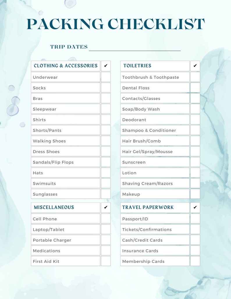 Travel Packing List Packing Checklist Vacation Packing List