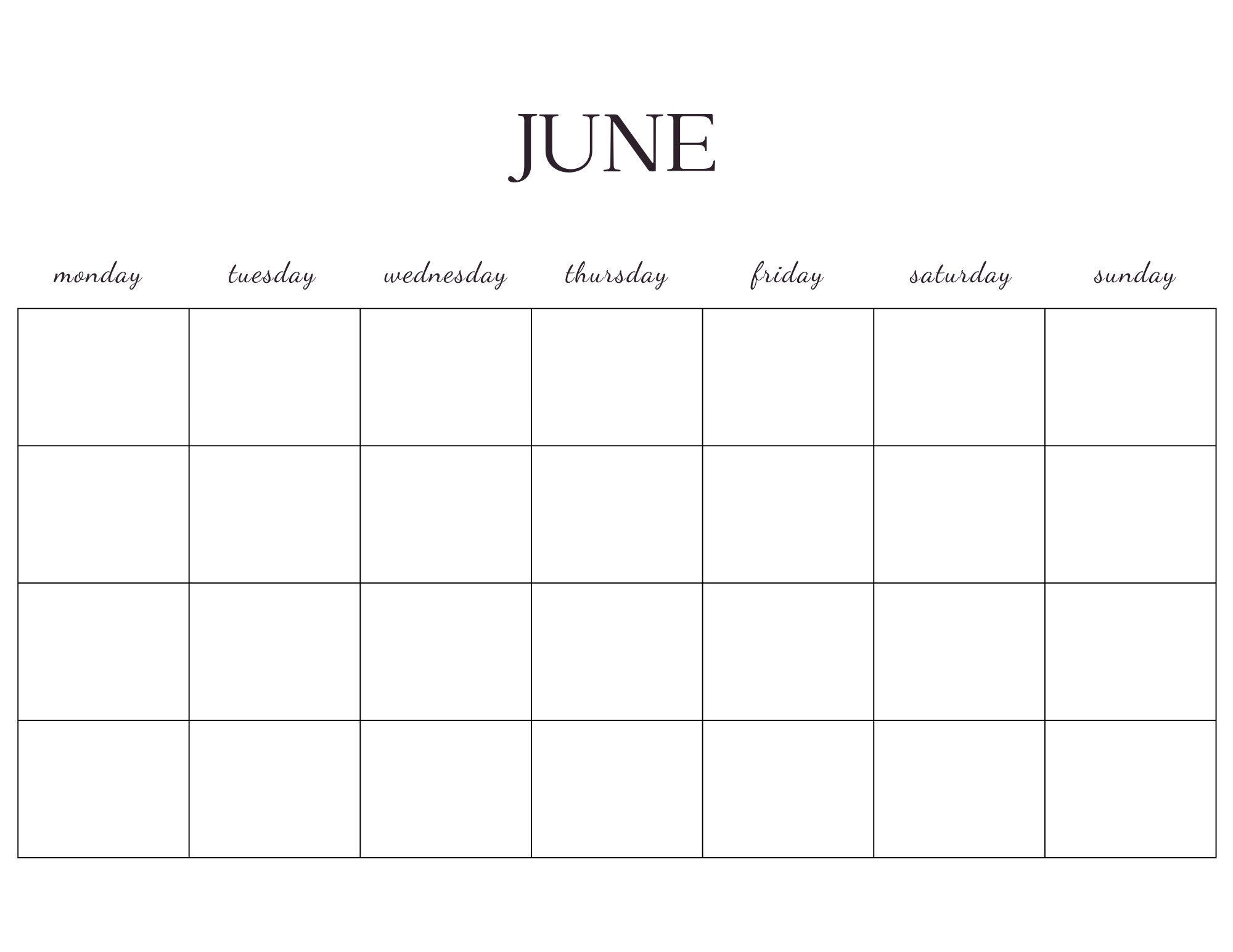 Blank Monthly Calendar Printable PDF Blank Calendar Monday - Etsy