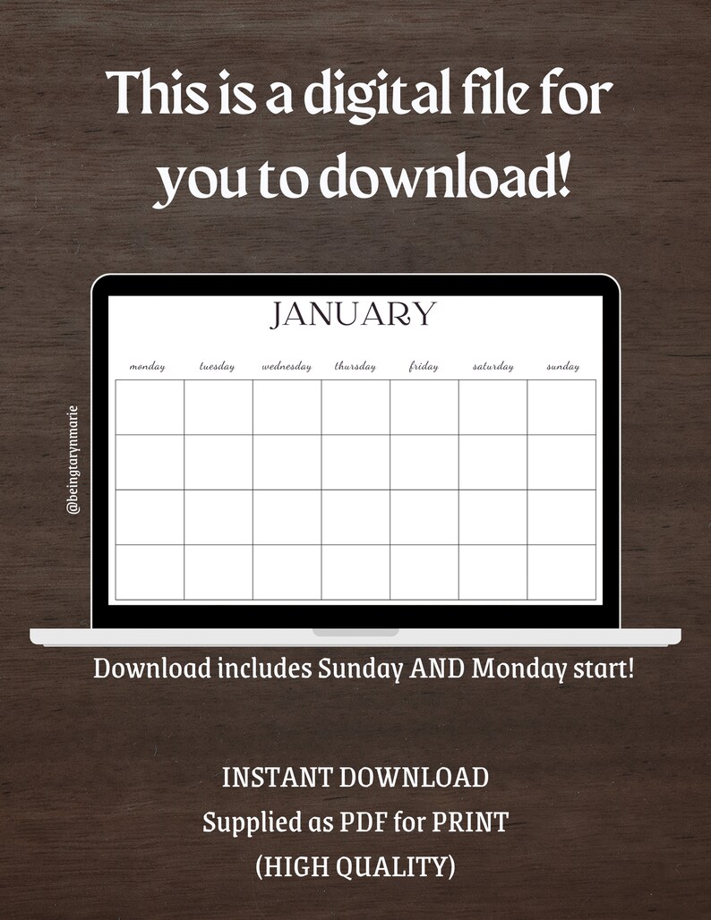 Blank Monthly Calendar Printable PDF Blank Calendar Monday - Etsy