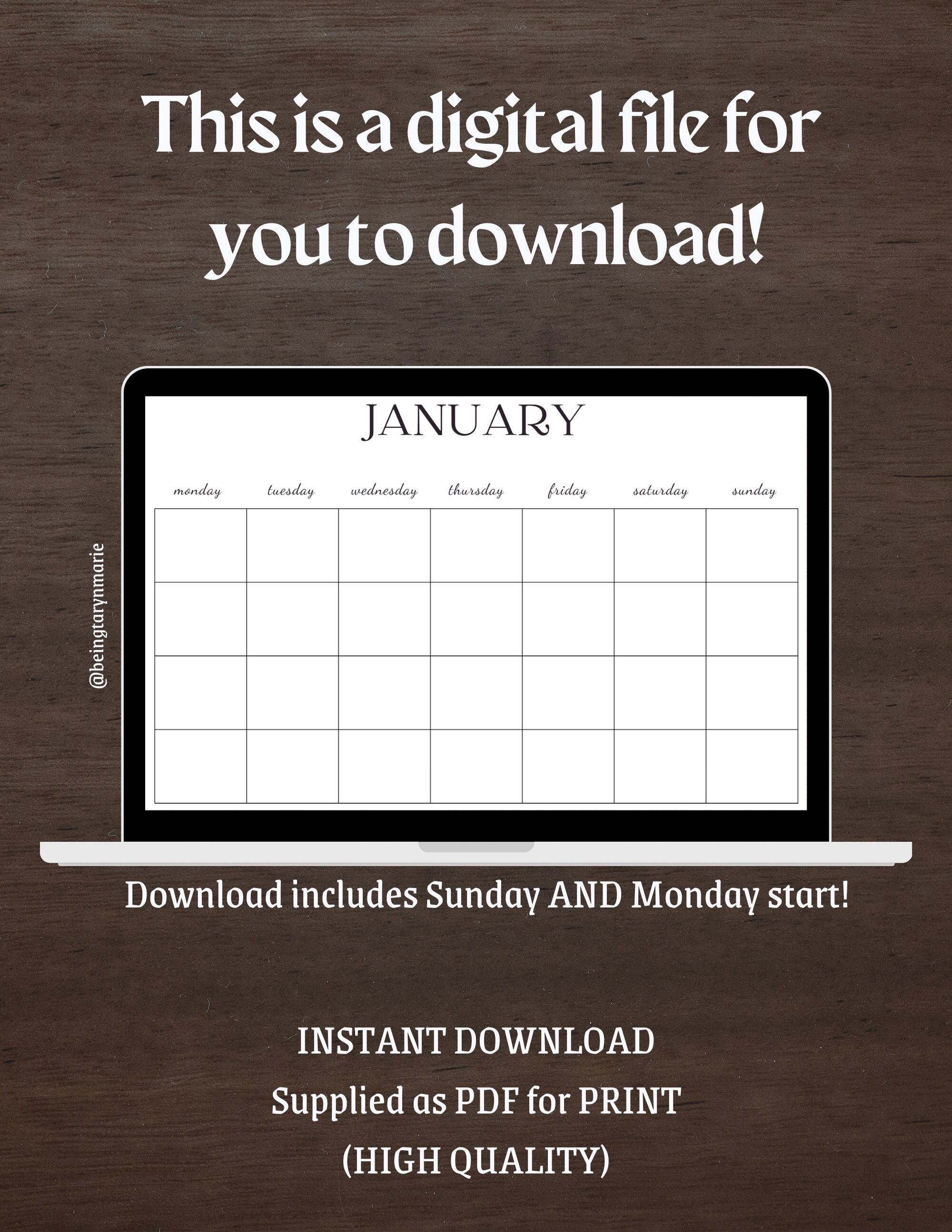 Blank Monthly Calendar Printable PDF Blank Calendar Monday - Etsy