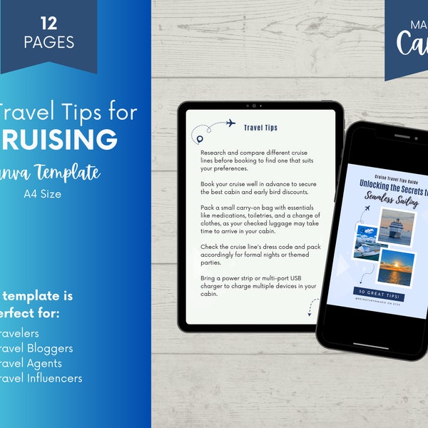 50 Travel Tips for Cruising | Ultimate Cruise Travel Tips Guide for Travelers, Agents, Bloggers, and Influencers | Editable Canva Template