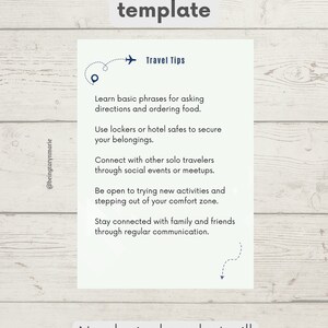 May include: A white and blue Canva template with the text "This is an editable Canva template" and "Travel Tips". The template includes tips for solo travelers, such as learning basic phrases, using lockers, connecting with other travelers, trying new activities, and staying connected with family and friends. The template also includes the text "No physical product will be sent".