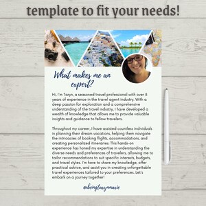 May include: A Canva template for travel agents, featuring a woman with glasses and text that reads "What makes me an expert?" and "Hi, I'm Taryn, a seasoned travel professional with over 8 years of experience in the travel agent industry. With a deep passion for exploration and a comprehensive understanding of the travel industry, I have developed a wealth of knowledge that allows me to provide valuable insights and guidance to fellow travelers."