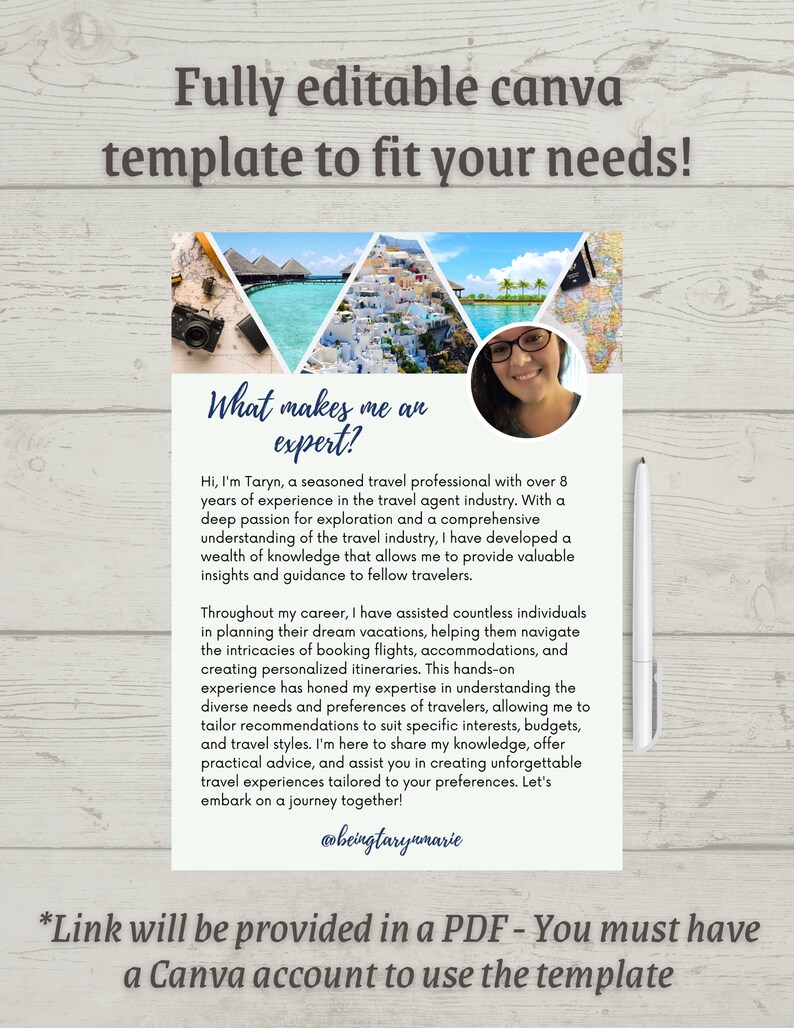 May include: A Canva template for travel agents, featuring a woman with glasses and text that reads "What makes me an expert?" and "Hi, I'm Taryn, a seasoned travel professional with over 8 years of experience in the travel agent industry. With a deep passion for exploration and a comprehensive understanding of the travel industry, I have developed a wealth of knowledge that allows me to provide valuable insights and guidance to fellow travelers."