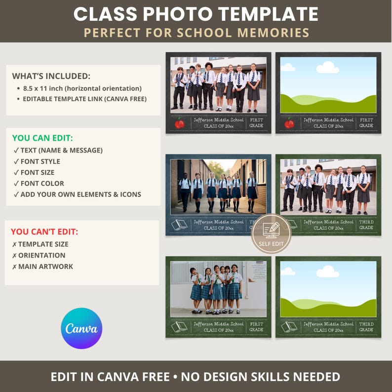 May include: A class photo template with the text "CLASS PHOTO TEMPLATE PERFECT FOR SCHOOL MEMORIES". Includes editable text, font, and color options. The template is 8.5 x 11 inches and can be edited in Canva.
