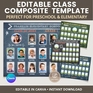 May include: Editable class composite template for preschool and elementary students. The design features a chalkboard style with spaces for student photos, names, and grade level. Includes the text "Franklin Elementary School" and "Class of 20XX".